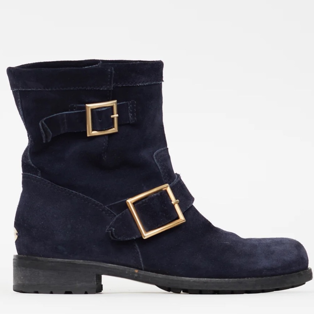 Jimmy Choo Midnight Black Fur Accent Italy Biker Boots Suede Blue EU 36 US 6